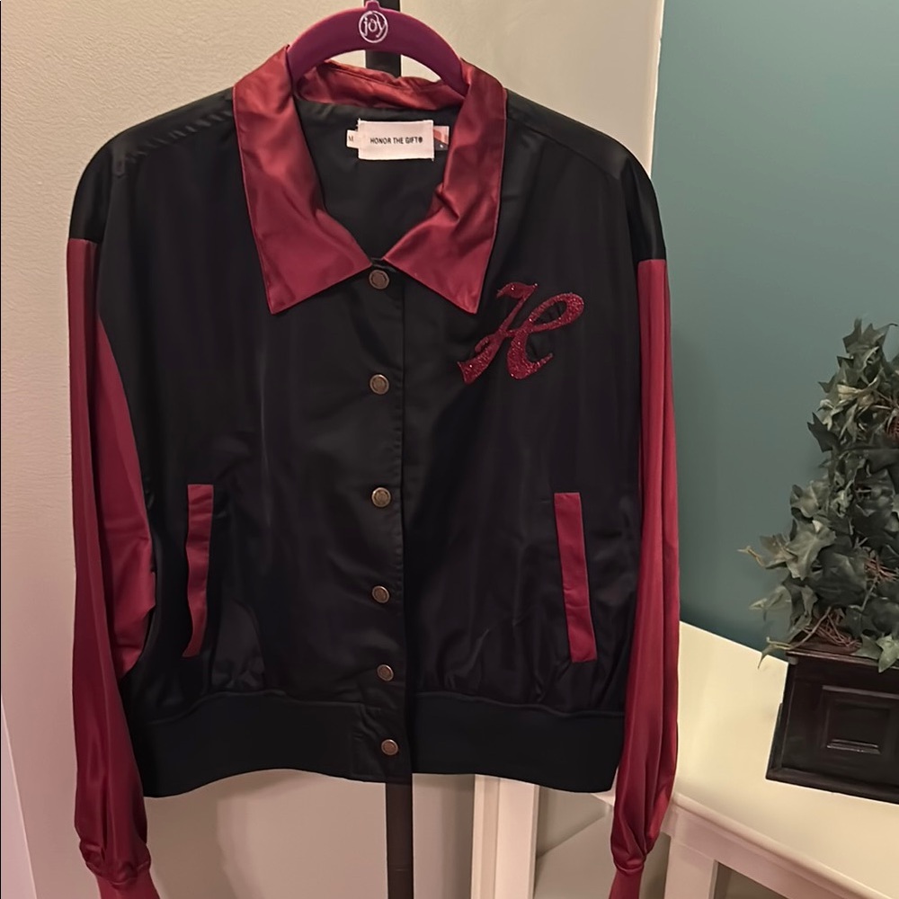 Honor The Gift.   Black and Red Varsity Jacket with Embroidered Detail NWOT